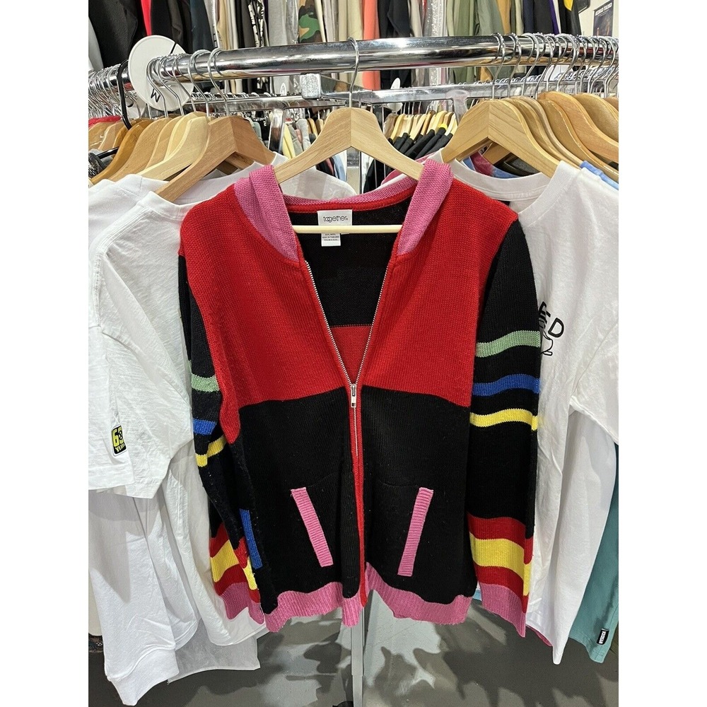 Together Vintage 90s Full Zip Multi Color Stripe Sweater Size Large